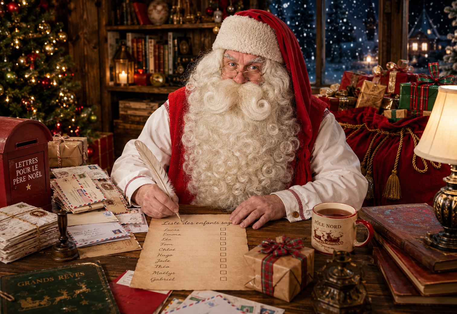 Le Père Noël prépare les listes dans son bureau