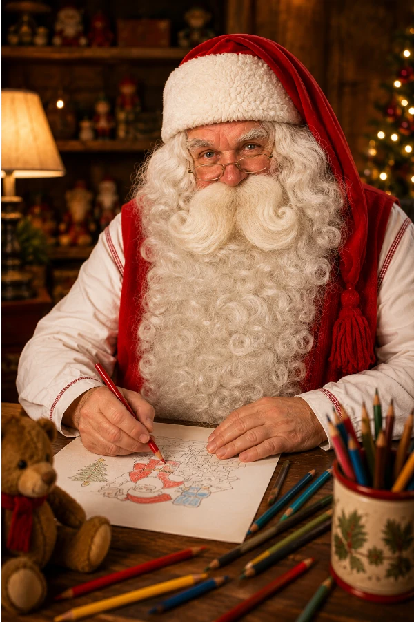 Le Père Noël dessine avec des crayons