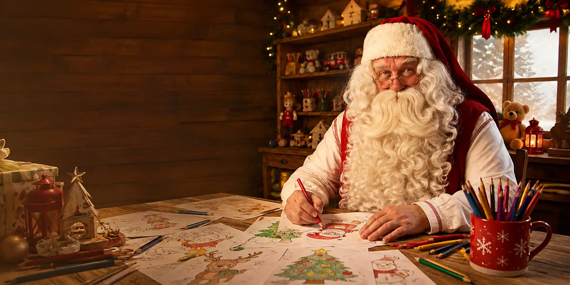 Le Père Noël dessine dans son atelier