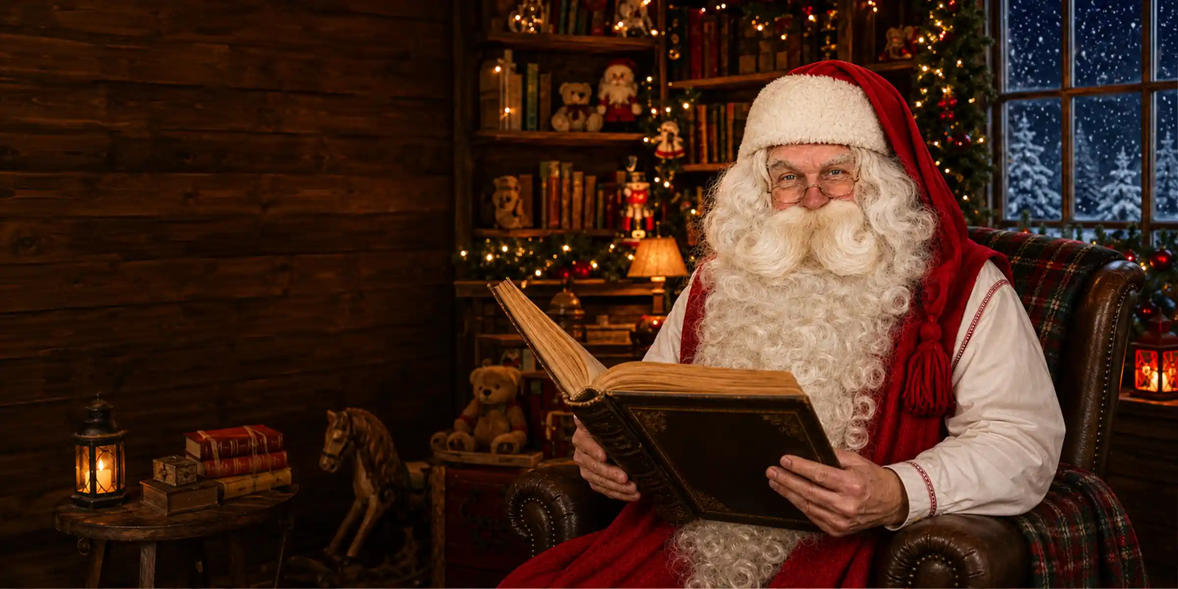 Le Père Noël lit un grand livre de contes