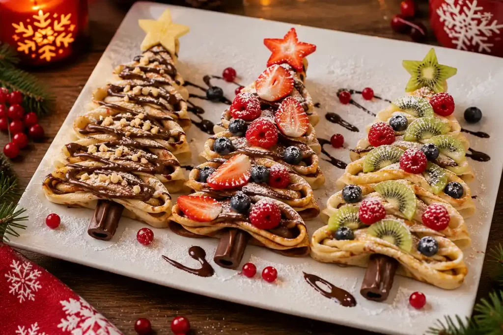 Crêpes sapins au chocolat et aux fruits